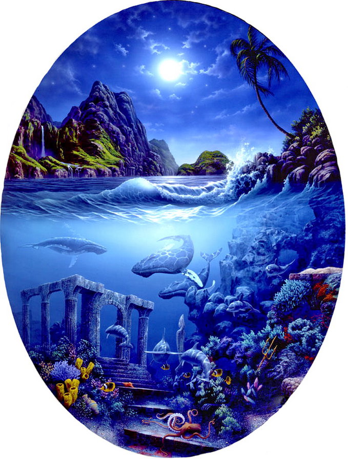 морские фантазии - природа, луна, гора, развалины, море, живопись - оригинал