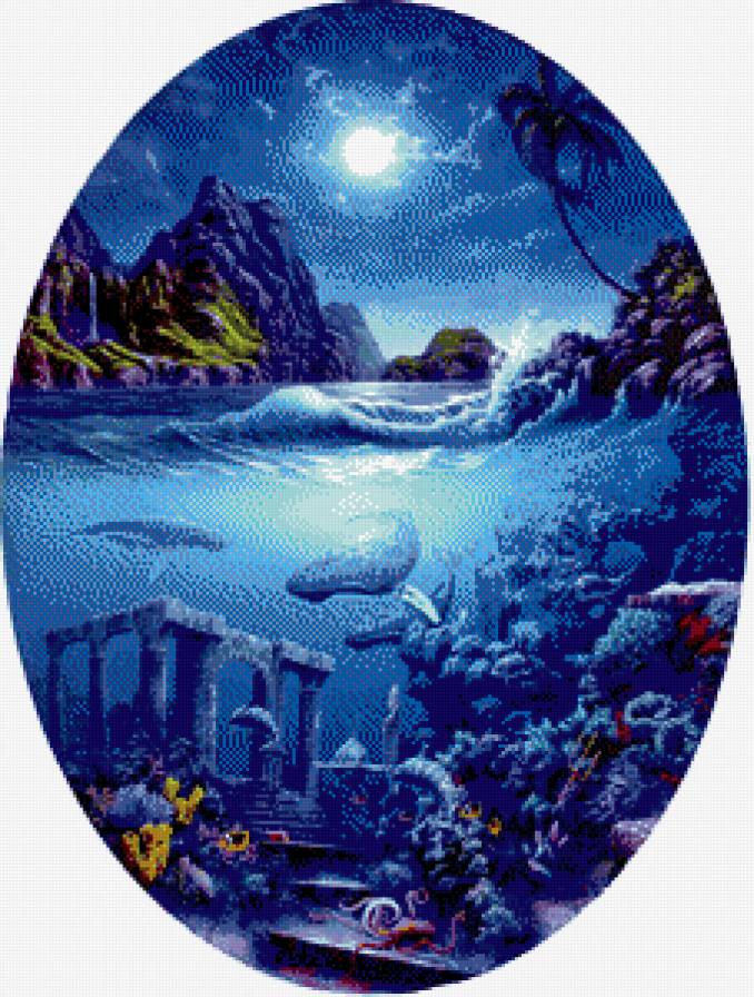 морские фантазии - море, живопись, луна, гора, развалины, природа - предпросмотр