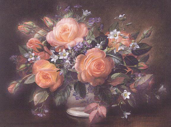 старинная картина - букет, роза, ваза, колокольчик, живопись, розы, цветы - оригинал