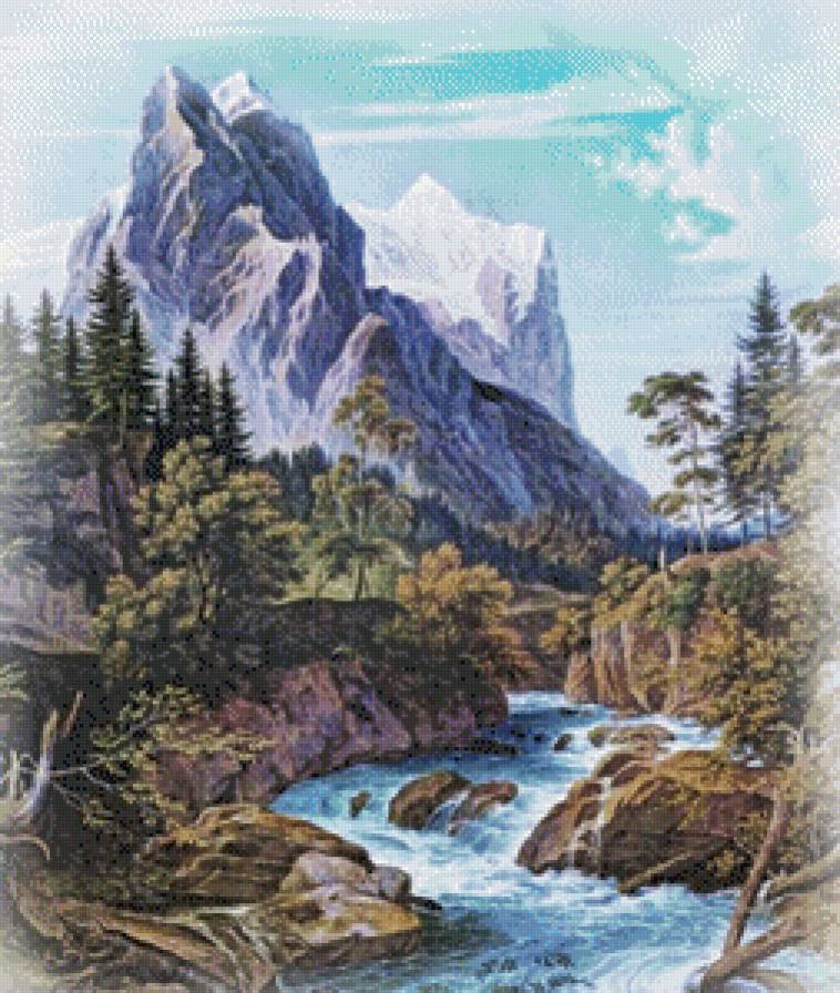 горный пейзаж - горы, деревья, вода, природа, лето - предпросмотр