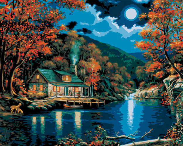 №485774 - озеро, пейзаж, олени, домик, горы - оригинал