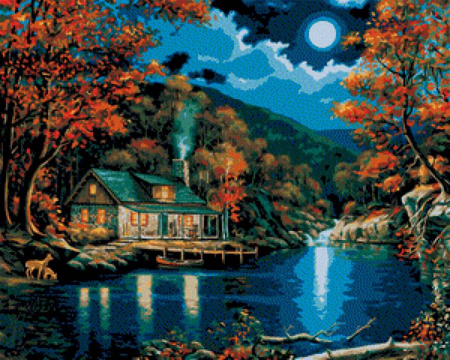 №485774 - пейзаж, домик, озеро, горы, олени - предпросмотр