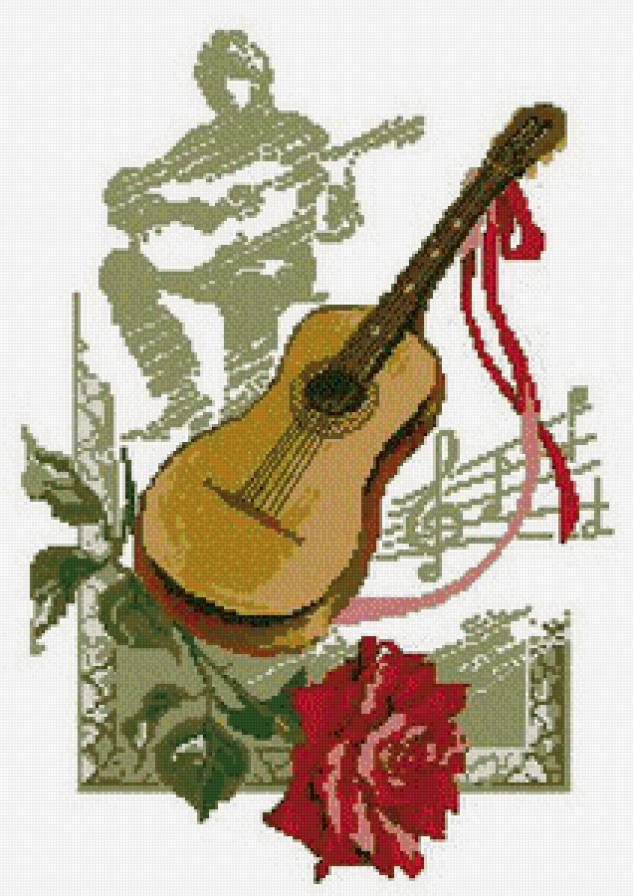 Натюрморт с гитарой - ноты, музыка, роза, гитара, цветы - предпросмотр
