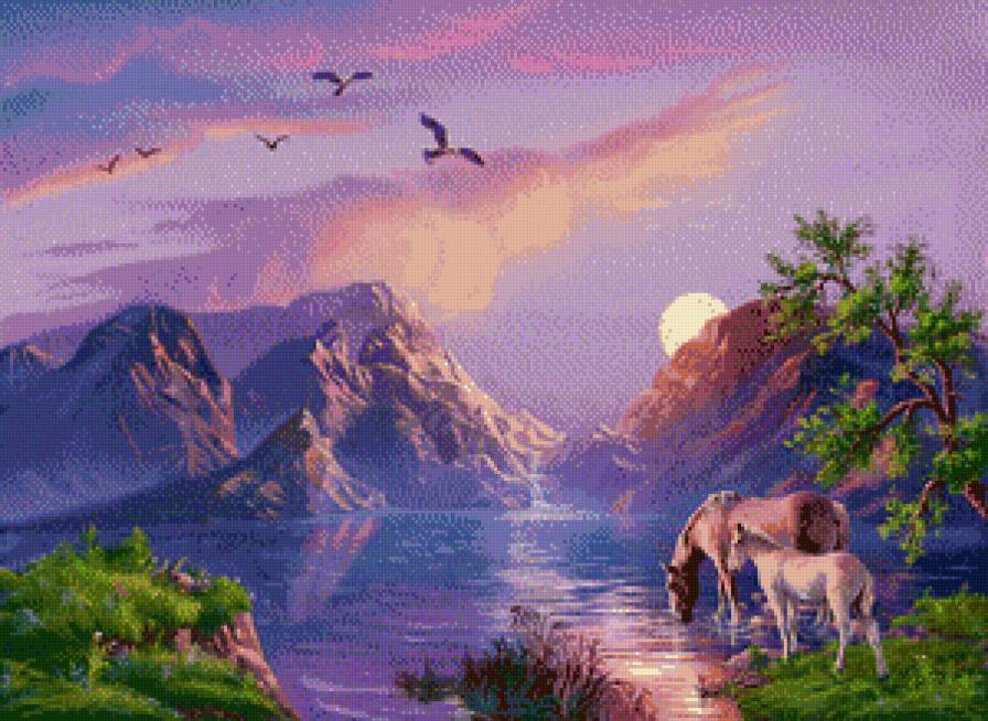 серия "кони" - животные.кони.лошади.закат.птицы.горы - предпросмотр