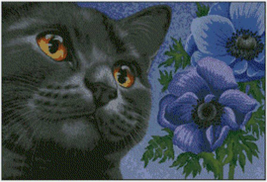 Кошачья мордочка в цветах - животные, коты, цветы - предпросмотр