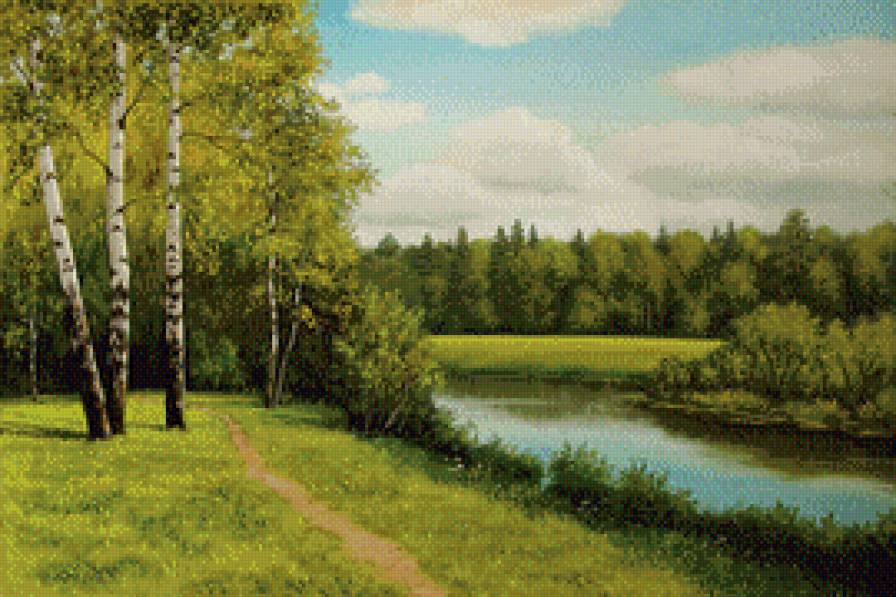 лето. - березки, пейзаж, речка. - предпросмотр