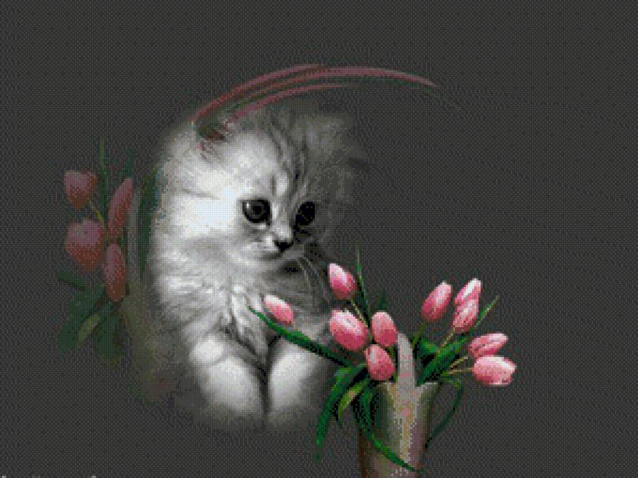 котенок - ваза, букет, тюльпаны, кошки - предпросмотр