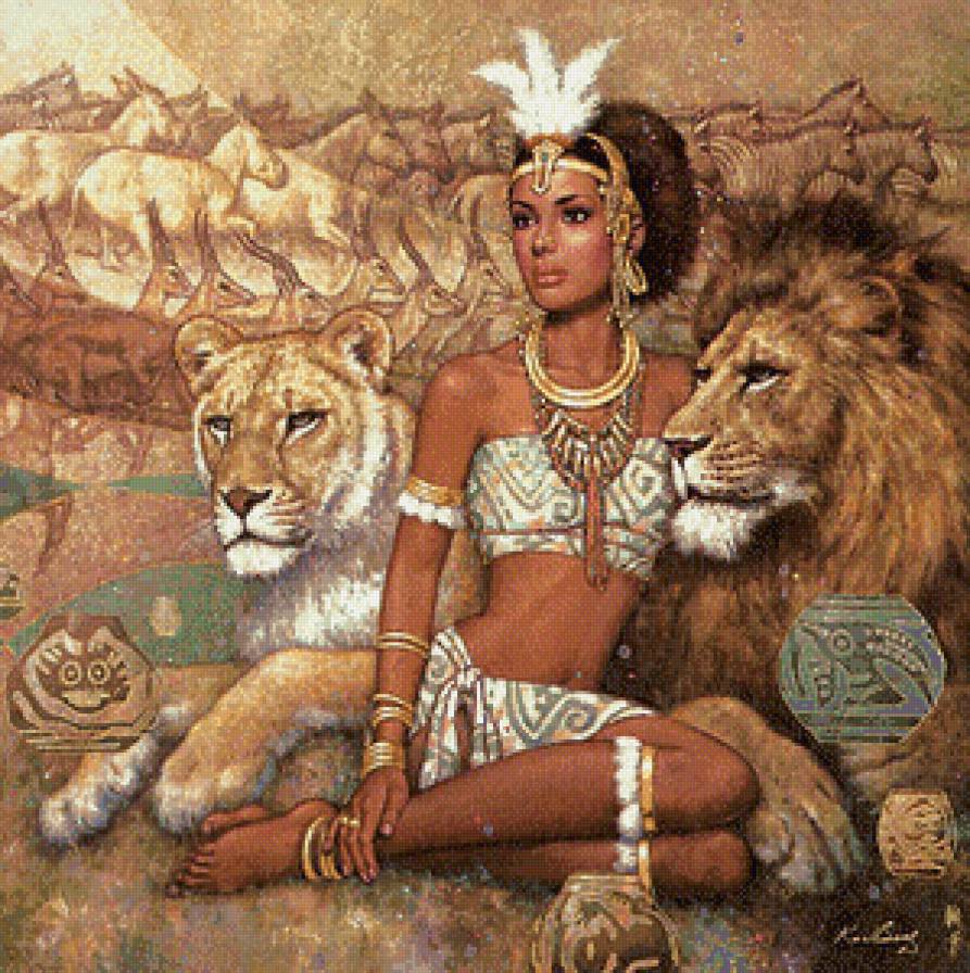 Сафари - живопись, африка, кошки, лев, девушка - предпросмотр