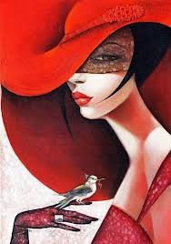 девушка с птичкой - черно красное, птичка, женский образ, дама, люди - оригинал