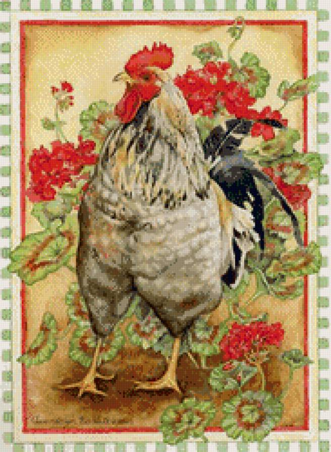 петух в герани - куры, птицы - предпросмотр