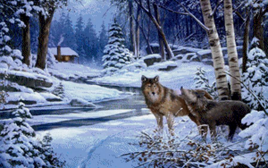 волки - картина, пейзаж, волки, хищники, зима - предпросмотр