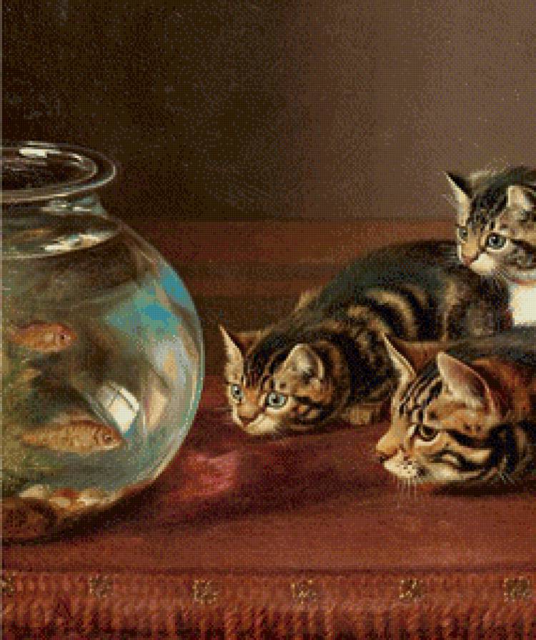 старинная картина часть 1 - кошка, котенок, рыба, кот, живопись, аквариум - предпросмотр