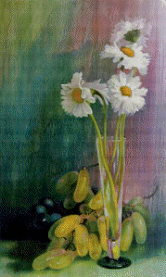 натюрморт - букет, живопись, ромашки, ваза, виноград, цветы - предпросмотр