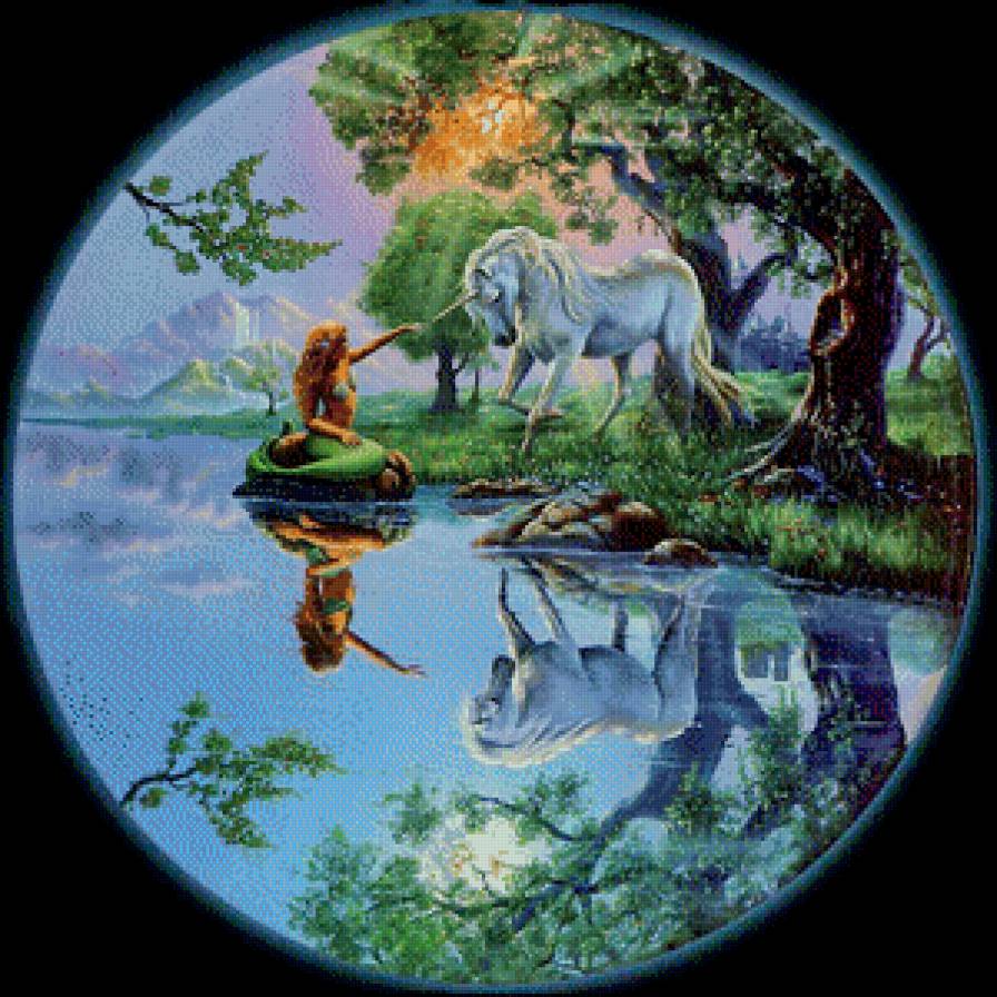 две реальности - русалка, картина, девушка, единорог, лошадь, фэнтези, живопись, , озеро - предпросмотр