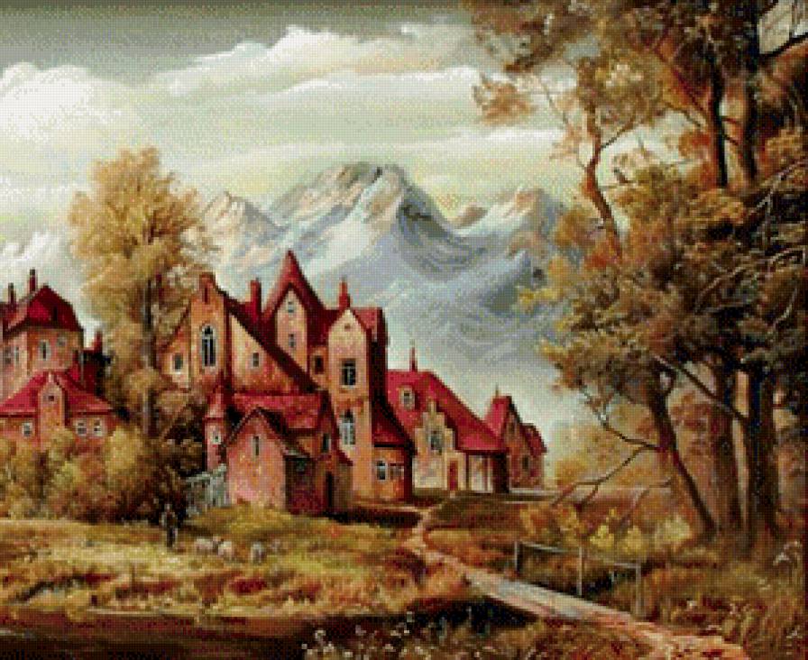 старинная картина часть 2 - замок, природа, река, мост, живопись, город, дерево, гора - предпросмотр