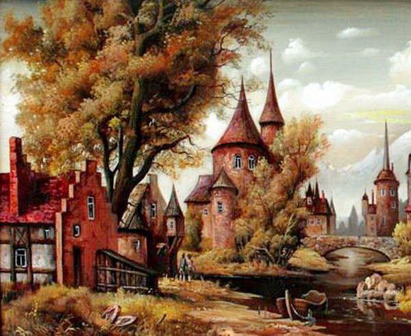 старинная картина часть 1 - река, природа, мост, дерево, город, живопись, гора, замок - оригинал