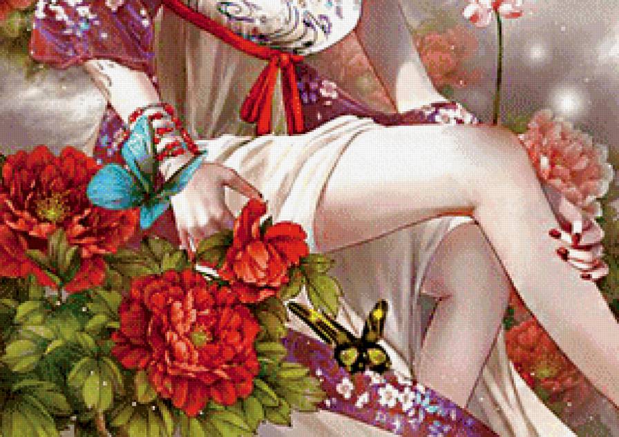 восточная красавица часть 2 - цветы, женщина, живопись, девушка, пионы, бабочка - предпросмотр