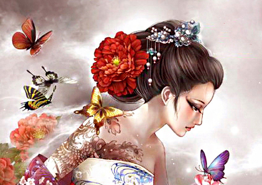 восточная красавица часть 1 - бабочка, цветы, живопись, пионы, девушка, женщина - оригинал