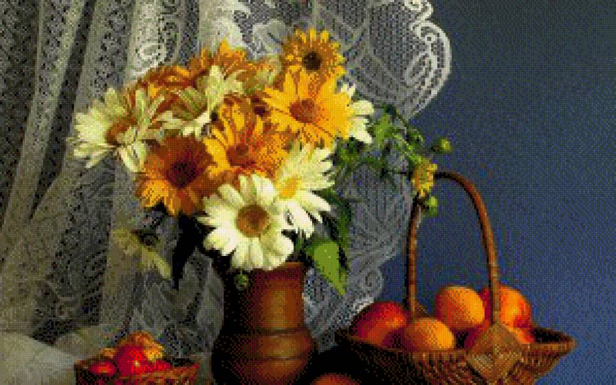 натюрморт - букет, фрукты, картина, картины, натюрморт, цветы - предпросмотр