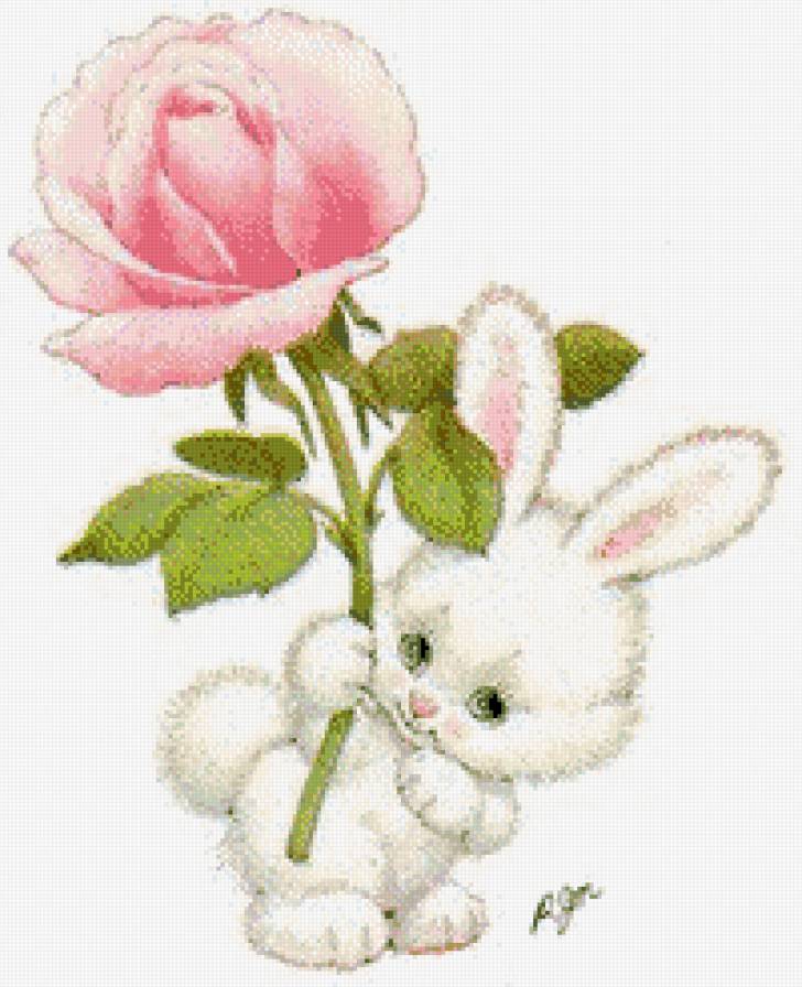 детский рисунок - роза, розовая, белый, зайчик - предпросмотр