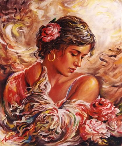 Кармен - девушки, живопись, розы, картина, портрет - оригинал