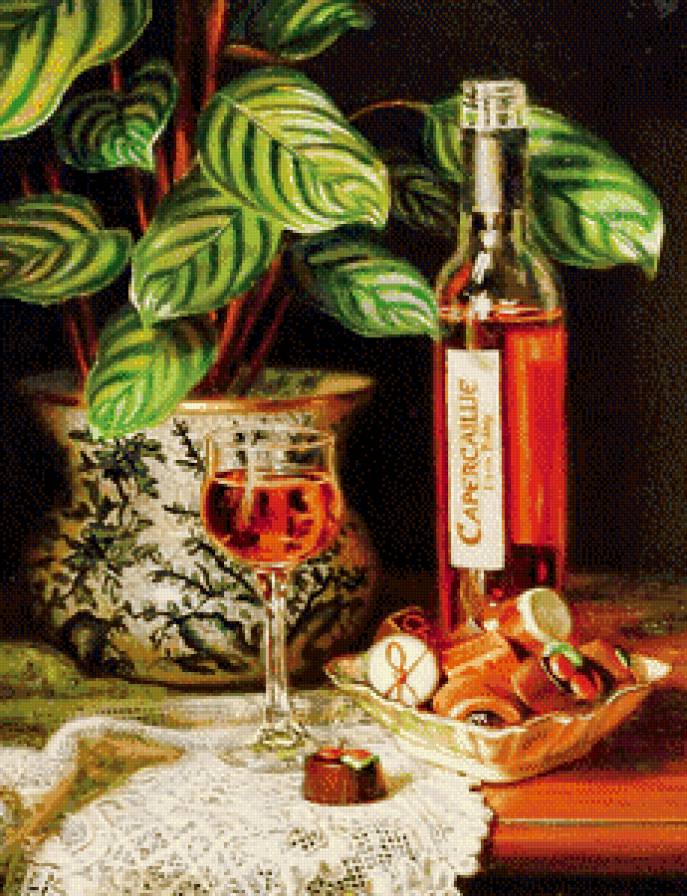 натюрморт - вазон, бутылка, кружево, картина, цветы, живопись, вино, конфеты, бокал - предпросмотр