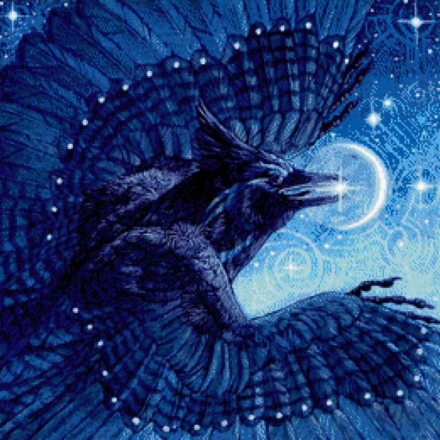 создавая ночь - живопись, фэнтези, птица, ворон, картина, звезда - предпросмотр