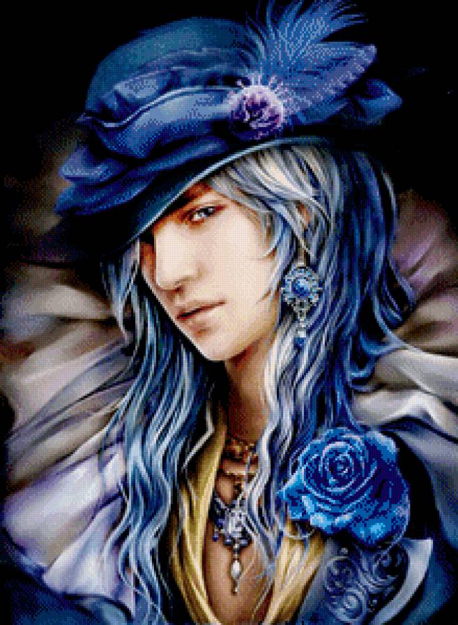 портрет - роза, шляпа, парень, живопись, перо, аниме, кулон - предпросмотр
