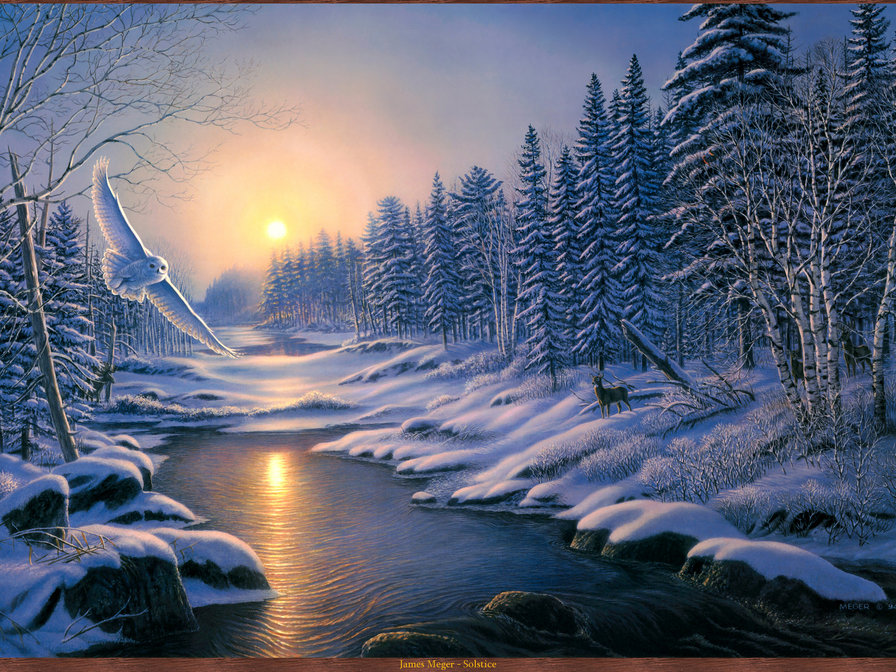 Зимняя река - птицы, зима, пейзаж - оригинал