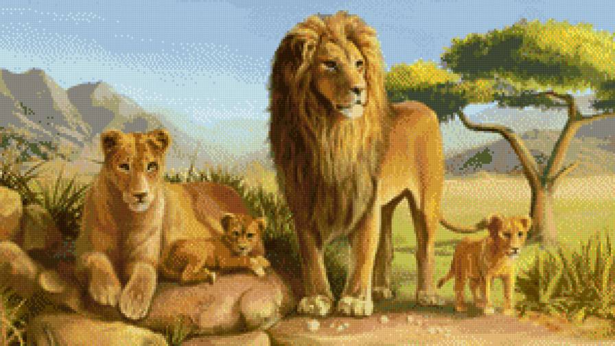 семья львов - пейзаж, картины, хищники, картина - предпросмотр