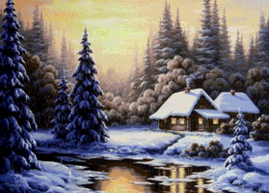 А.Найдёнов.Зимний пейзаж - зима, домик, пейзаж, ели, лес - предпросмотр