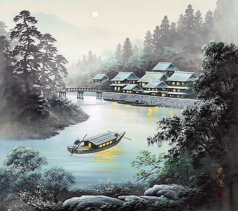 Полнолуние на реке - восточная живопись - оригинал