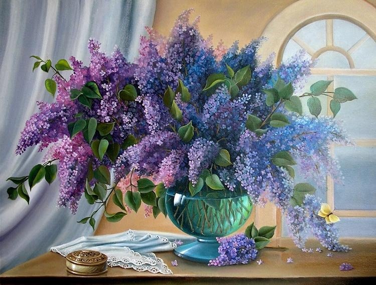 сиреневое настроение - букет, ваза, лиловые цветы, сирень, окно - оригинал