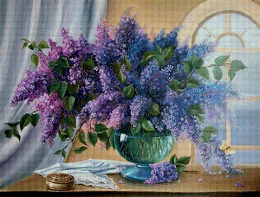 сиреневое настроение - лиловые цветы, ваза, букет, сирень, окно - предпросмотр