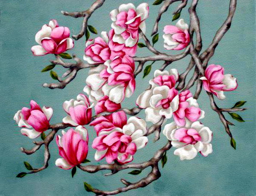 цветущая камелия - цветы, живопись, ветка, весна - оригинал
