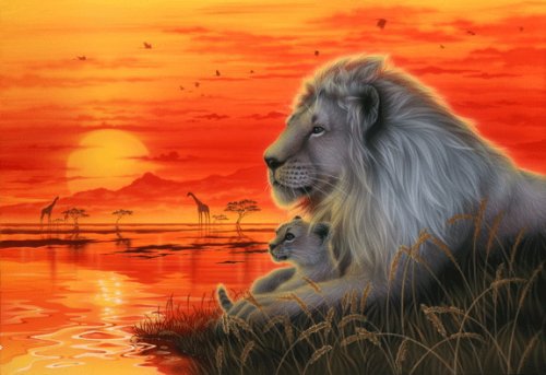 Картины Кентаро Нишино - лев, природа, кошки, саванна - оригинал