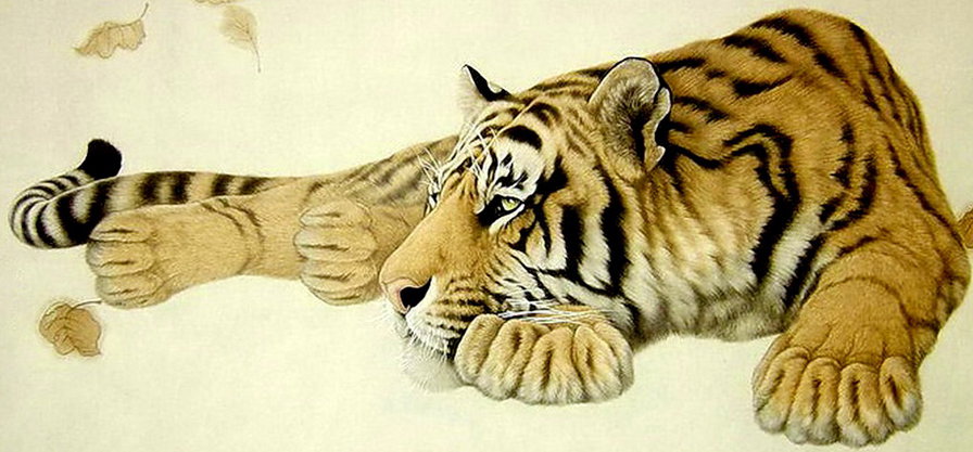 тигр и листья - хищник, живопись - оригинал