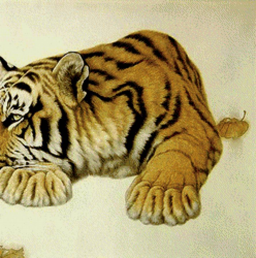 тигр и листья часть 2 - живопись, хищник - предпросмотр