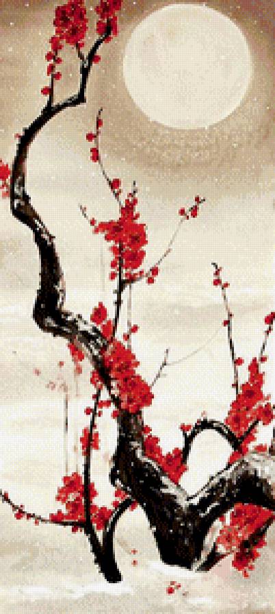 живопись востока - дерево, весна, цветы, япония, акварель, сакура, луна, китай - предпросмотр