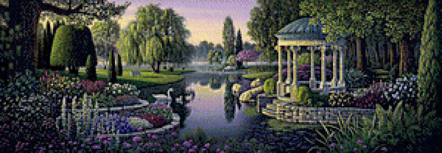 панно "парк" - живопись, озеро, природа, цветы, дерево, беседка - предпросмотр