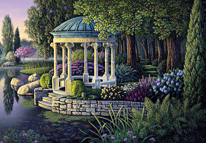 панно "парк" часть 2 - живопись, озеро, дерево, птицы, беседка, цветы, природа - оригинал
