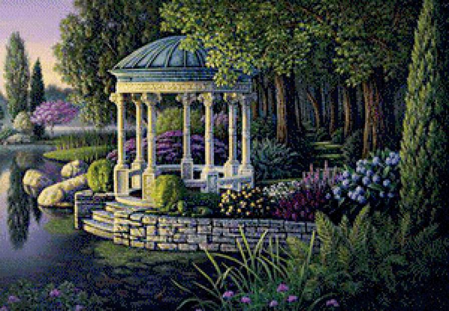 панно "парк" часть 2 - цветы, живопись, птицы, беседка, природа, озеро, дерево - предпросмотр