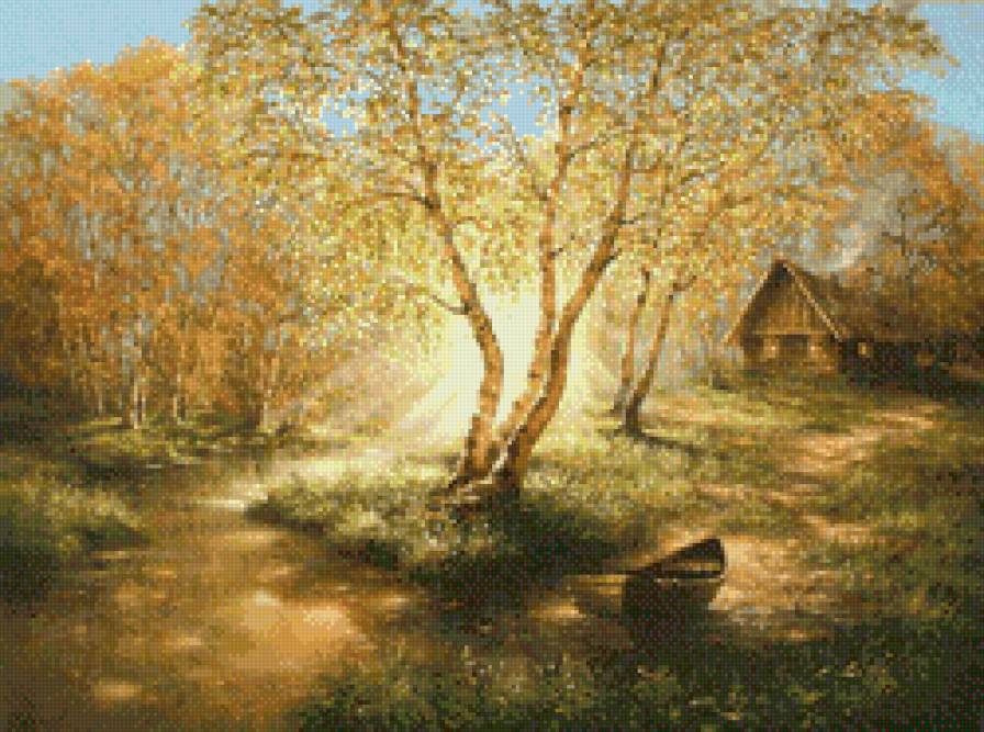 золотая осень - избушка, лес, березы, осень, река - предпросмотр