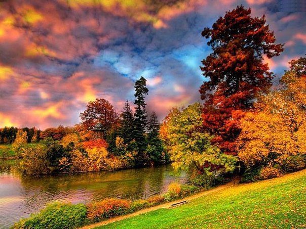 Осень - лес, река, осень, небо, природа, тучи - оригинал