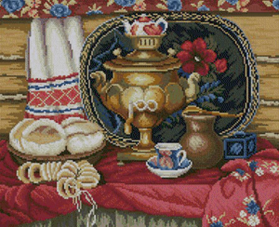 Самовар с баранками - цветы, самовар, натюрморт - предпросмотр