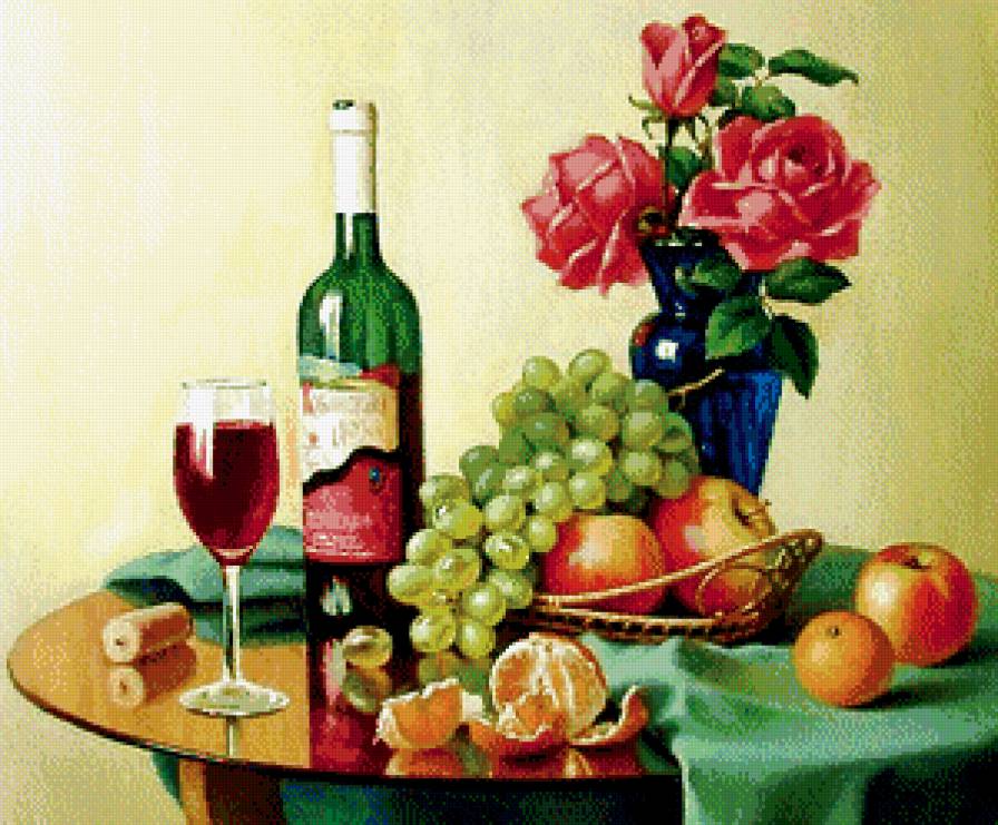 натюрморт о розами - персик, бокал, роза, мандарин, вино, букет, живопись, картина, виноград - предпросмотр