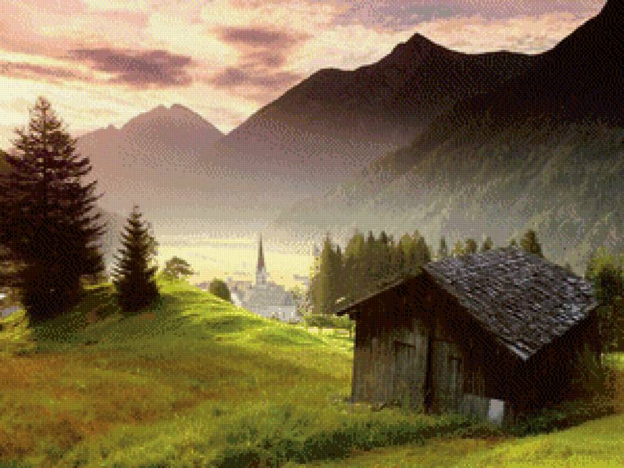 старый домик в горах - дом, пейзаж, солнце, природа, горы - предпросмотр