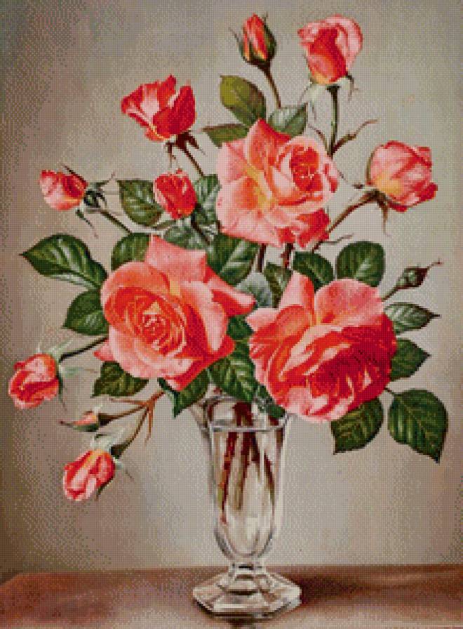старинная картина - розы, цветы, букет, ваза, живопись, роза - предпросмотр