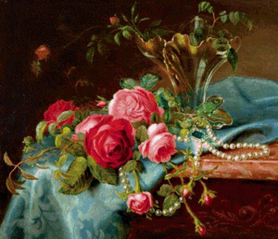 старинная картина - розы, живопись, жемчуг, роза, цветы, букет, ваза - предпросмотр