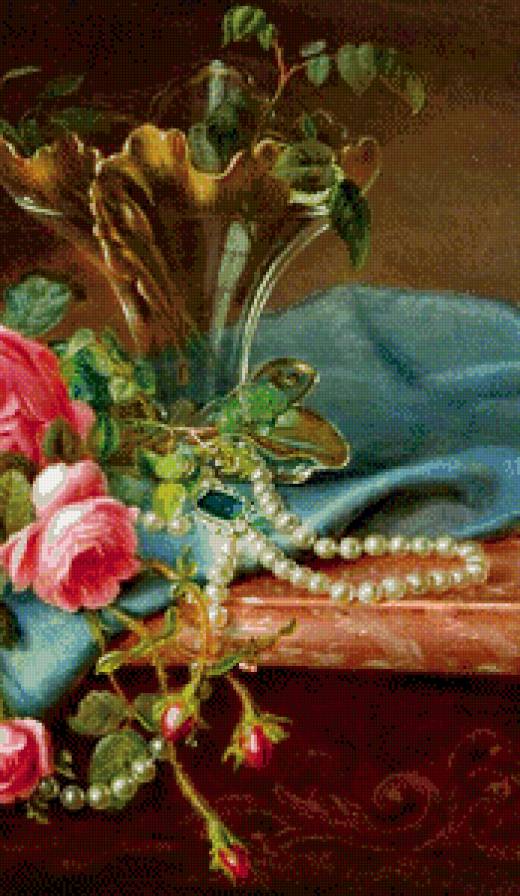 старинная картина часть 2 - розы, ваза, роза, живопись, жемчуг, цветы, букет - предпросмотр